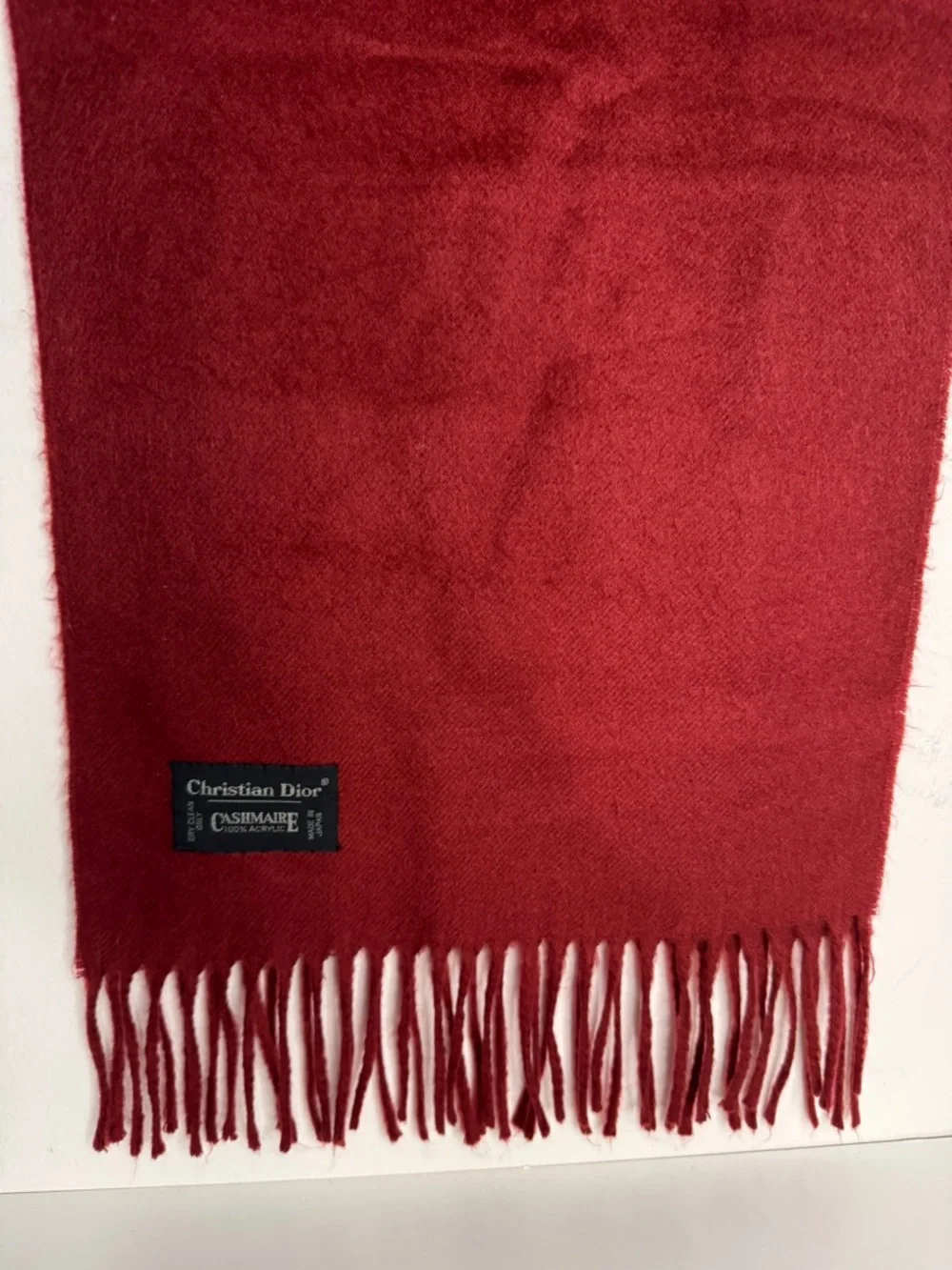Christian Dior Red Fringed Acrylic Scarf Vintage Logo Made in Japan